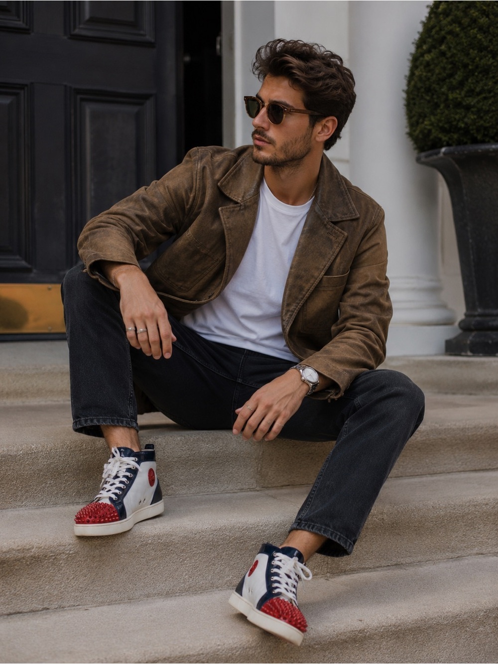 Vintage Christian Louboutin High-Top Spiked Toe Sneakers in Red, Navy and White
